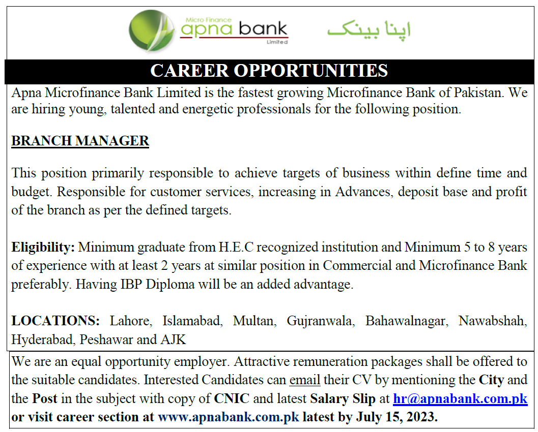 Careers Apna Microfinance Bank Ltd